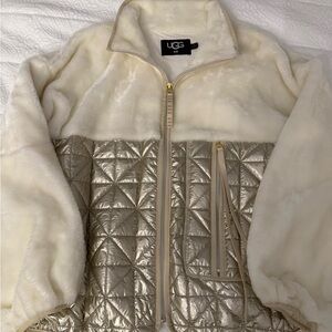 UGG Ivory Faux-Sherpa and Metallic Gold Quilted Puffer Jacket